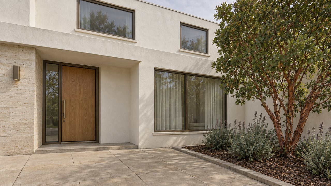 White stucco townhouse with bronze-framed windows, an oak entry door, and a compact planted approach in soft daylight.