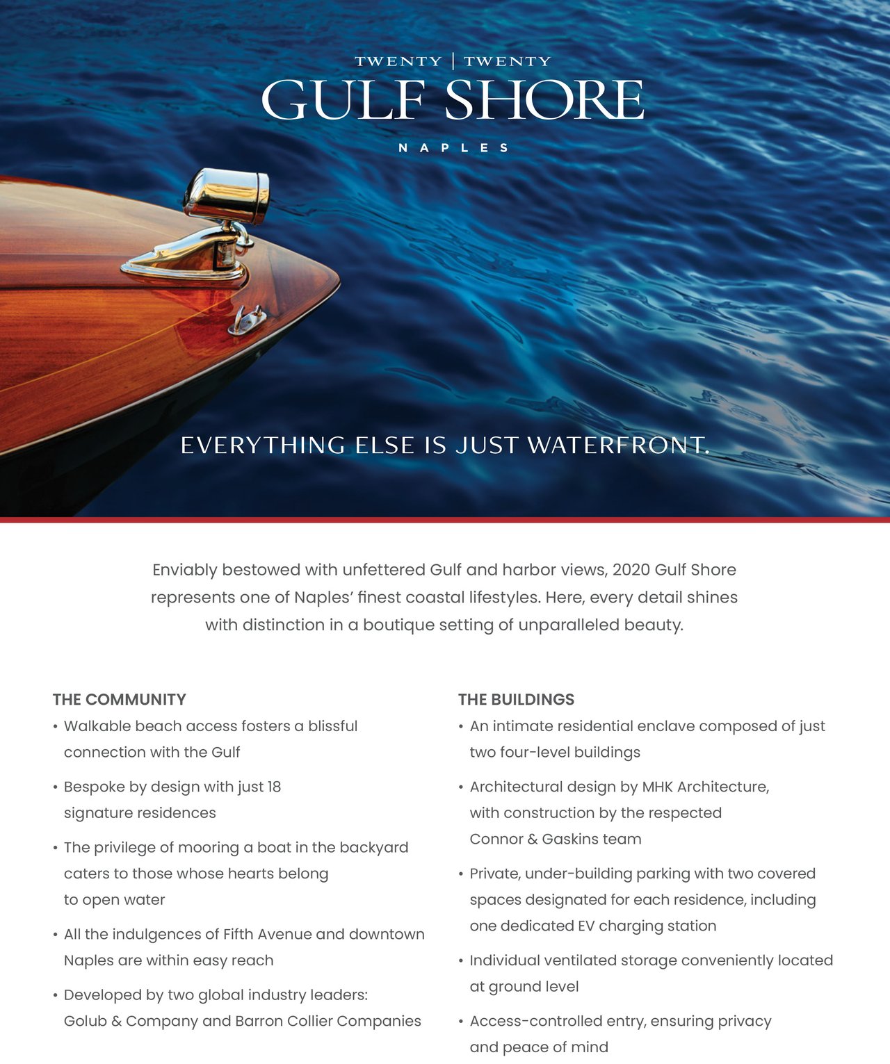 2020 Gulf Shore Naples waterfront residences banner with a wooden boat on blue water.