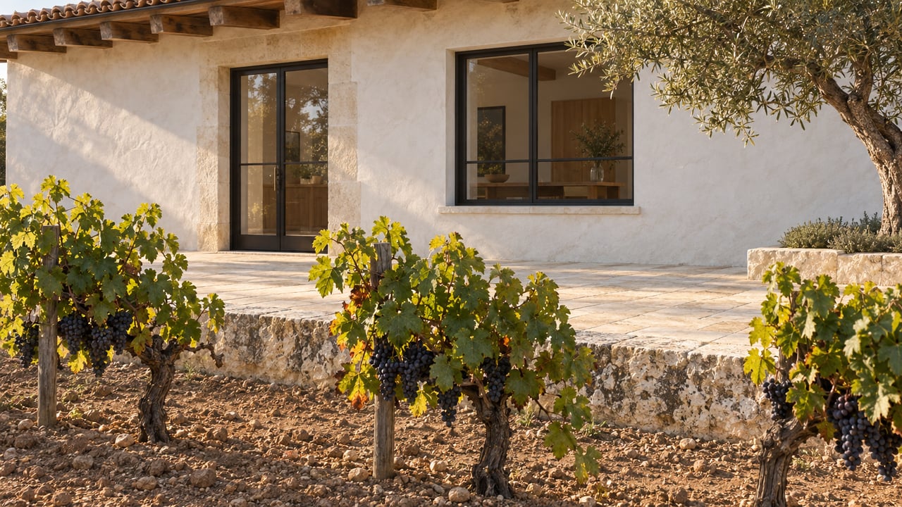 Three grapevines grow beside a limestone terrace and white house with timber eaves.