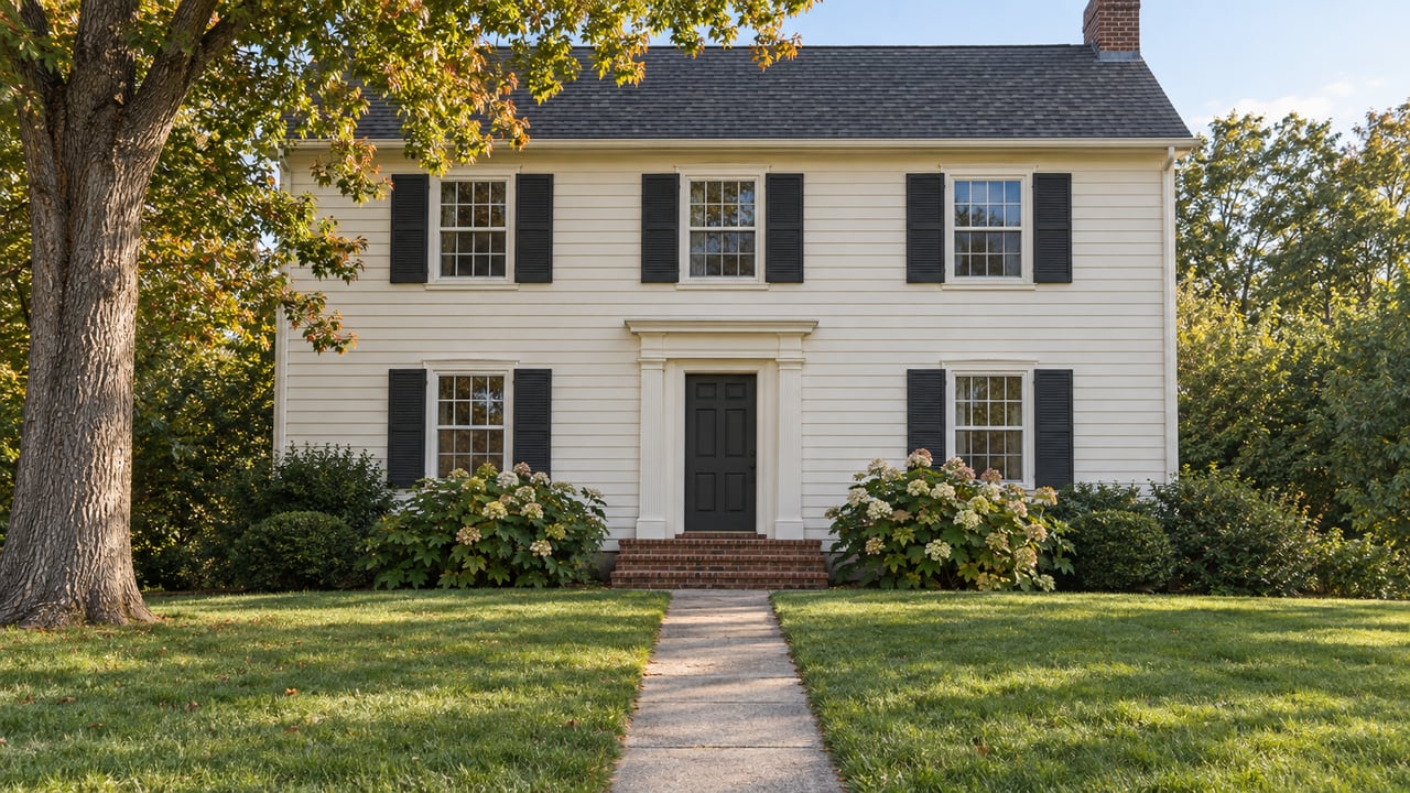 Two-story off-white clapboard house with dark shutters, a centered entry, broad lawn, and mature oak.