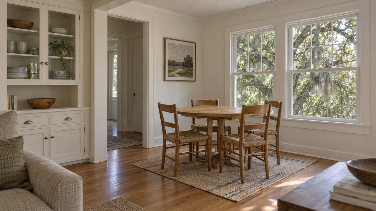 Four-seat oak breakfast table beside two glazed windows, with a built-in cabinet and oak branches outside.