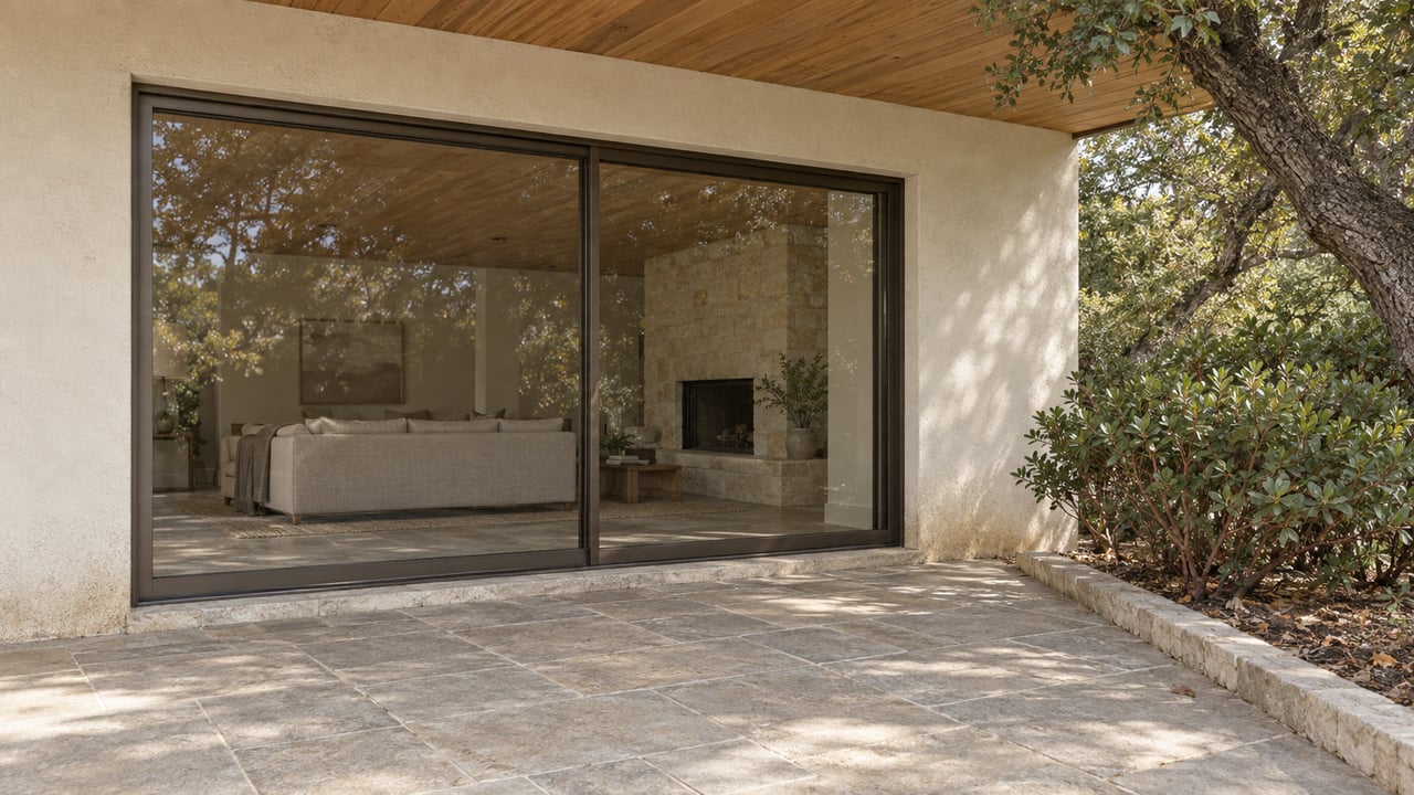 Cream stucco and wood soffit shelter closed bronze-framed glass doors beside a limestone terrace with an oak and two manzanita shrubs.
