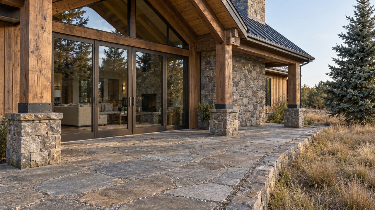 Timber-and-stone home with a glazed gable, covered quartzite terrace and tawny fescue meadow in cool autumn light.