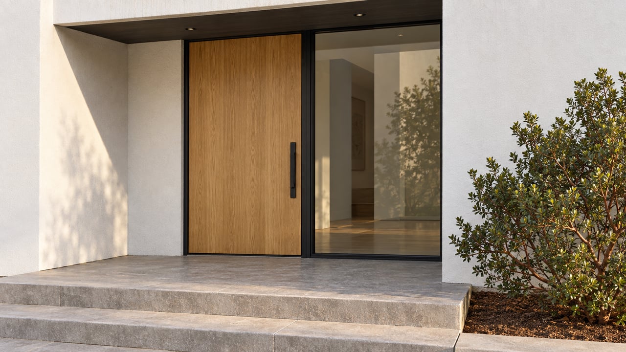 Recessed contemporary entry with an oak door, black-framed glazing, white stucco, limestone steps and a sculptural manzanita.