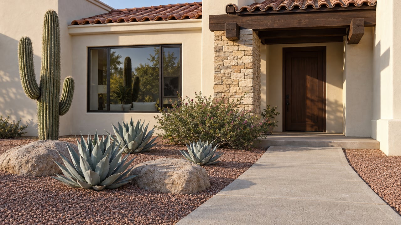 Cream stucco home with a clay tile roof, recessed timber entry and concrete walk through a cactus and agave forecourt.