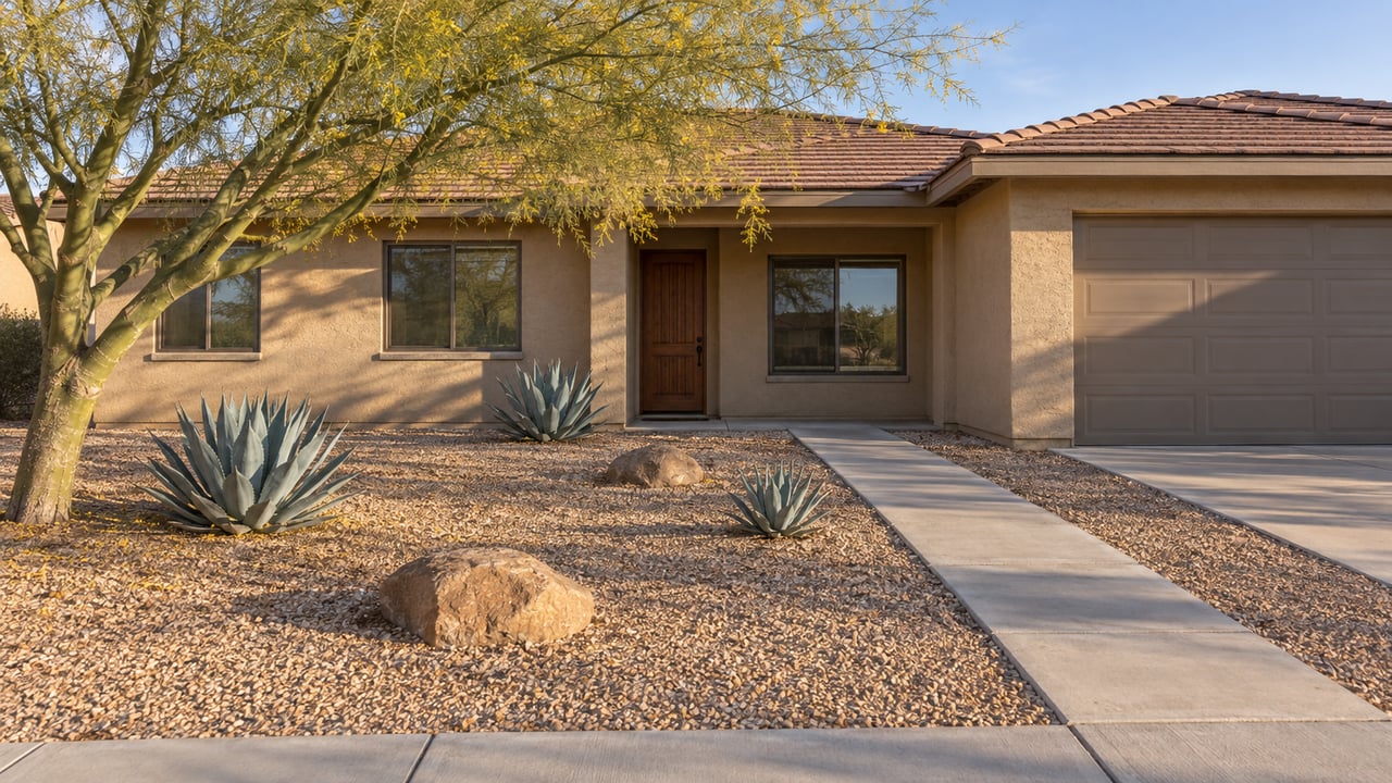 Single-story stucco home with a gravel xeriscape yard, agave plants, and a mature shade tree.