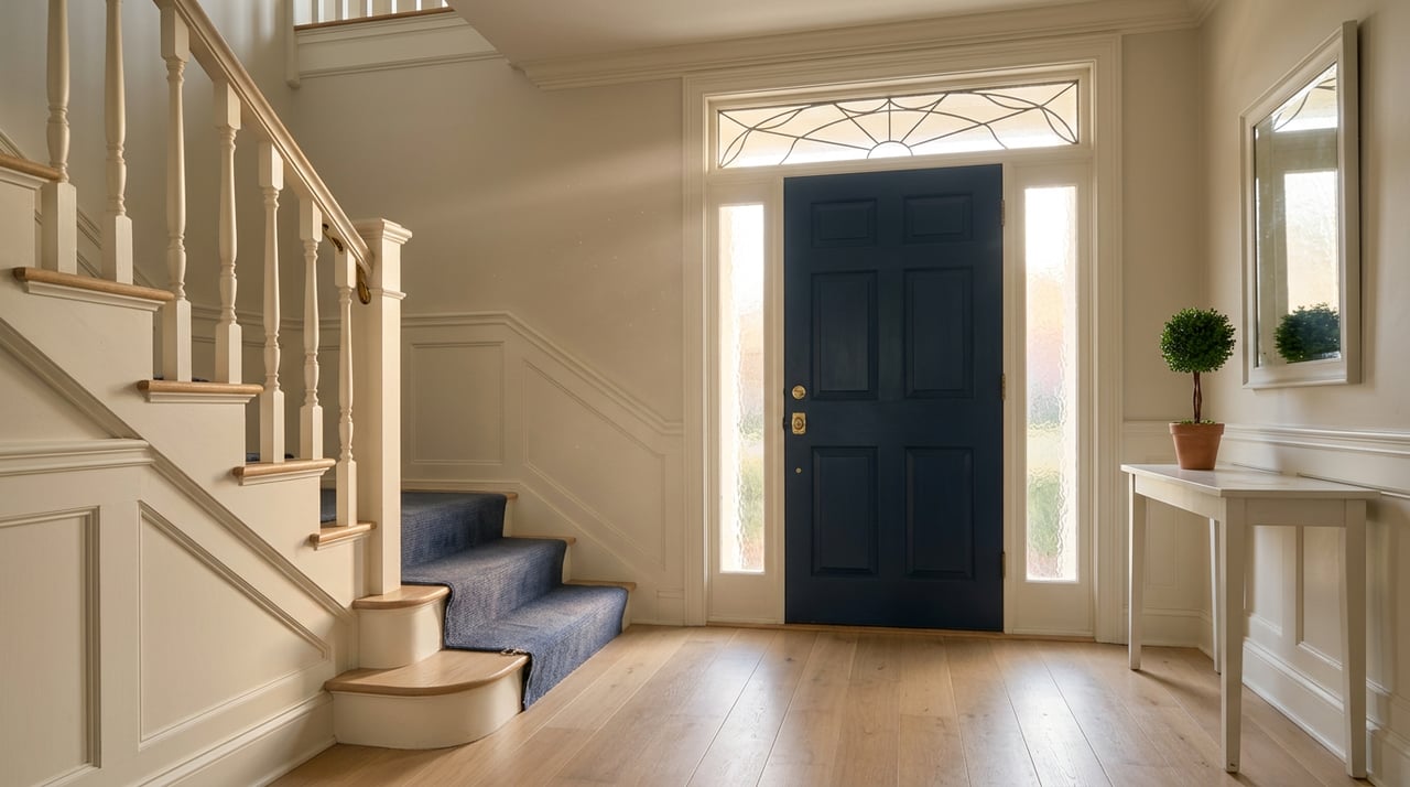 Center-hall foyer with a navy front door, antique-glass sidelights, oak floors, and a white staircase.