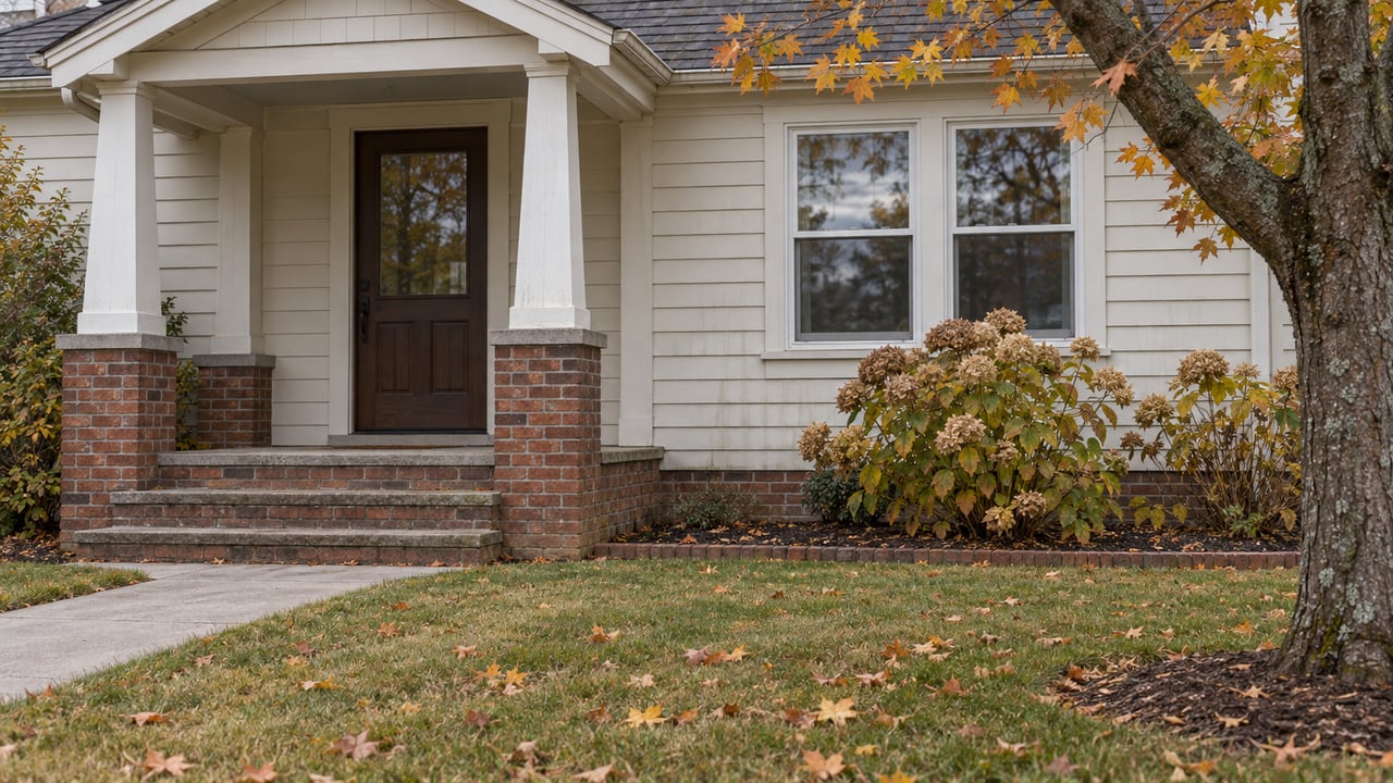 Late-fall view of a traditional clapboard home with a brick porch, paired windows, a maple tree and dried hydrangea blooms.