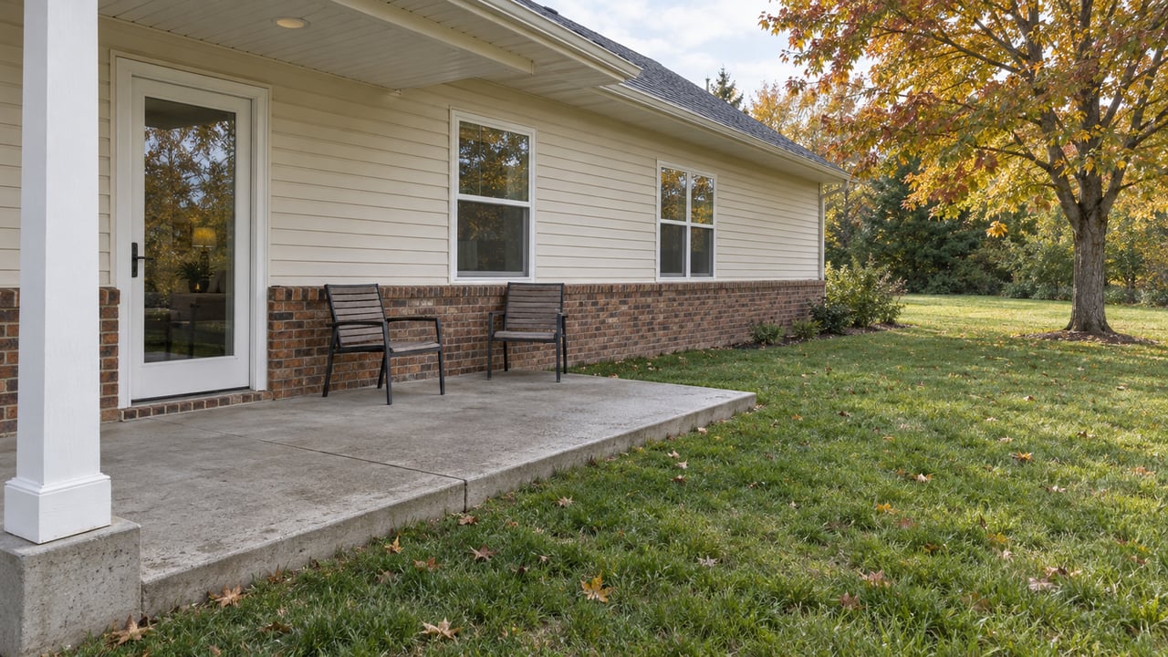 Covered concrete patio beside a cream-sided brick ranch, overlooking a broad lawn and a sugar maple with early autumn foliage.
