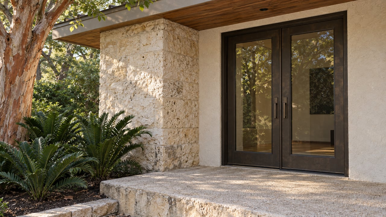 A shaded home entrance with paired bronze-framed glass doors, porous limestone, an aged timber soffit and cycads beside a raised concrete terrace.