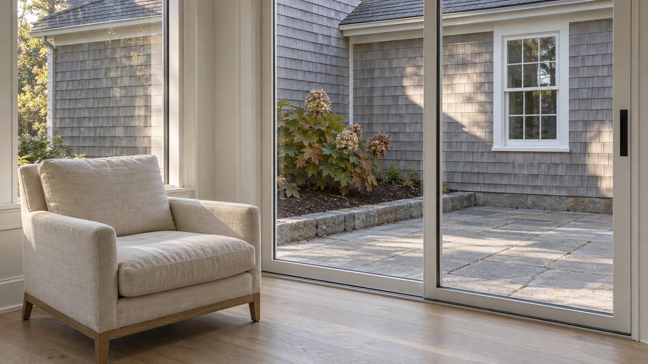 Cream linen chair beside closed glass doors, pale oak flooring and a stone terrace backed by weathered cedar shingles.