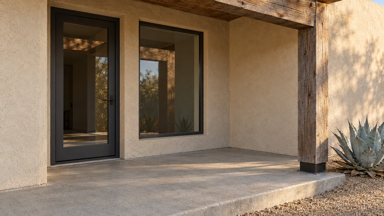 Covered home entry with weathered timber, warm stucco, dark-framed glass and a blue-gray agave beside a raised concrete veranda.