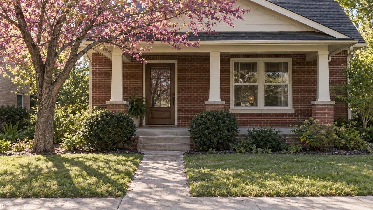 Brick house with cream gable siding, covered porch, redbud tree, and concrete walk through the lawn.