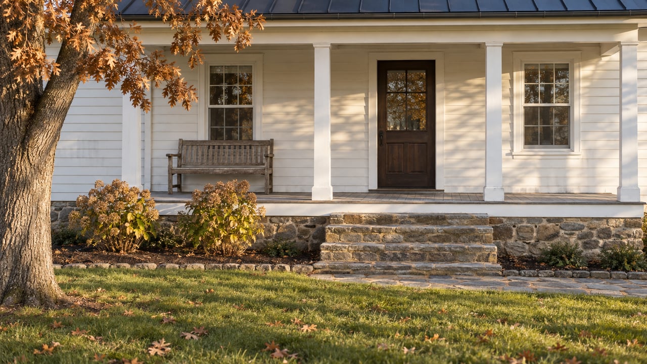 White clapboard farmhouse porch with fieldstone foundation, broad stone steps and autumn lawn beneath a mature white oak.