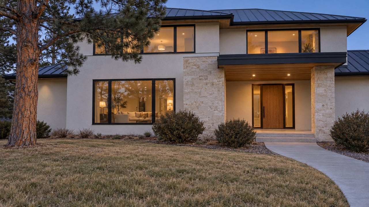 Contemporary stucco and pale stone home behind a tawny autumn lawn, with warm windows and a mature pine at dusk.