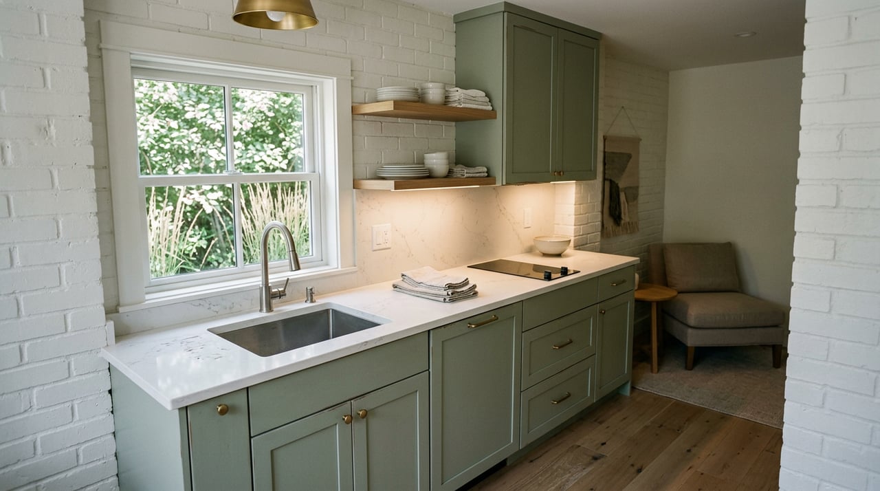 Compact kitchenette with sage shaker cabinets, oak flooring, and a sink window overlooking a garden.