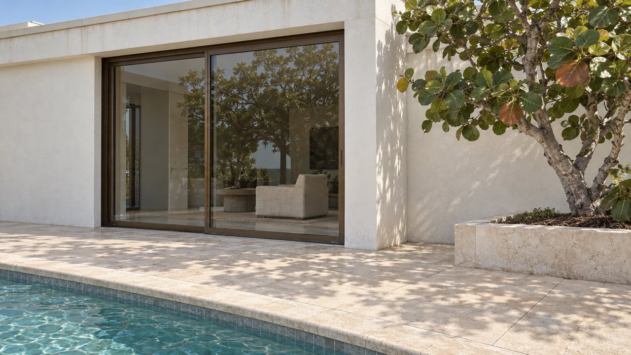 White-stucco villa with bronze-framed glass doors, limestone pool terrace, and a sculptural sea grape tree.