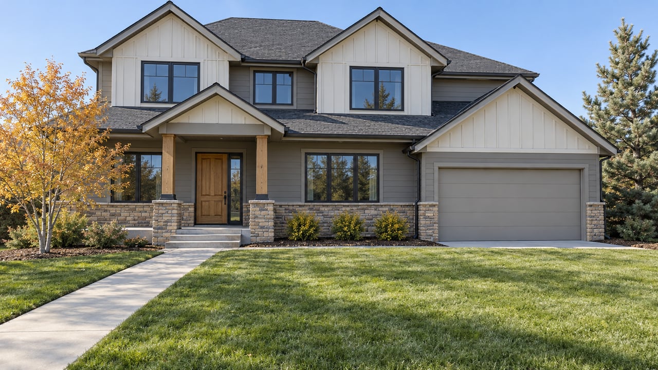 A gabled house with mixed siding, a stone-based porch and attached garage behind a deep lawn with autumn foliage.