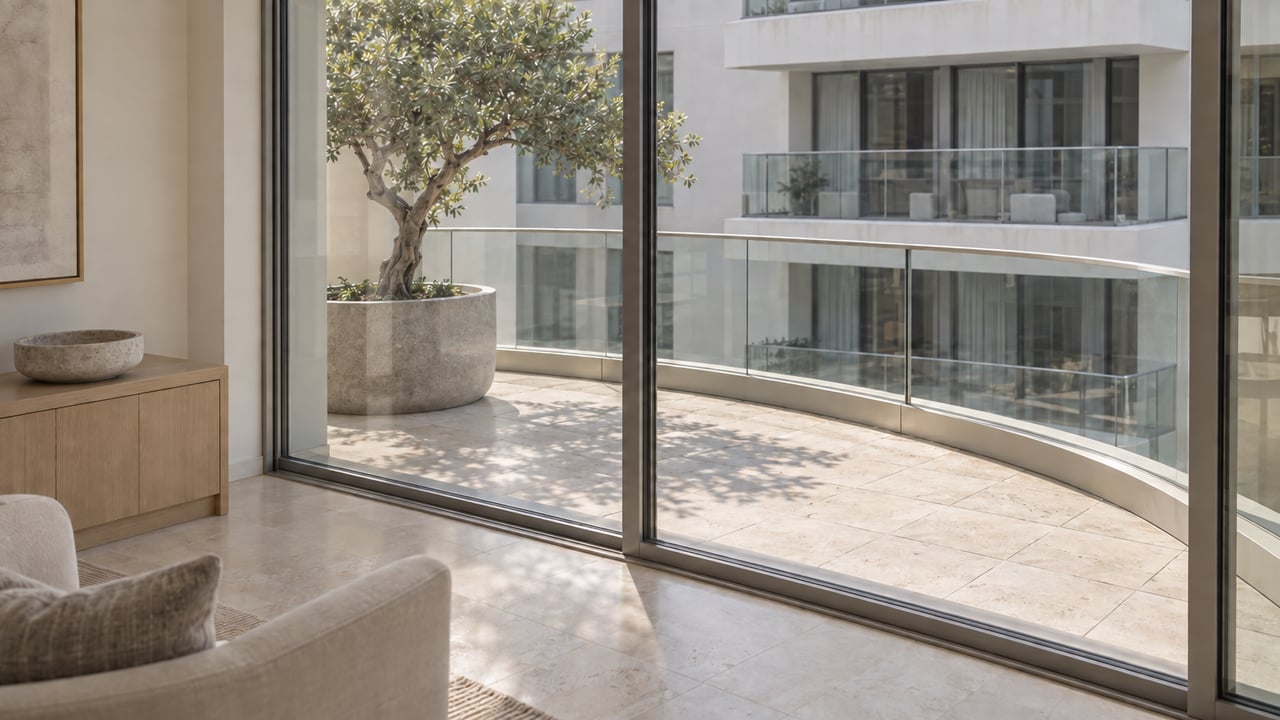 Sliding glass panel between a condo interior and terrace, with a tree, planter, and curved balcony railing.