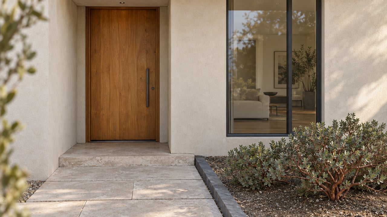 Coastal home entry with a honey-toned oak door, steel-framed window, limestone pavers, and a low native shrub.