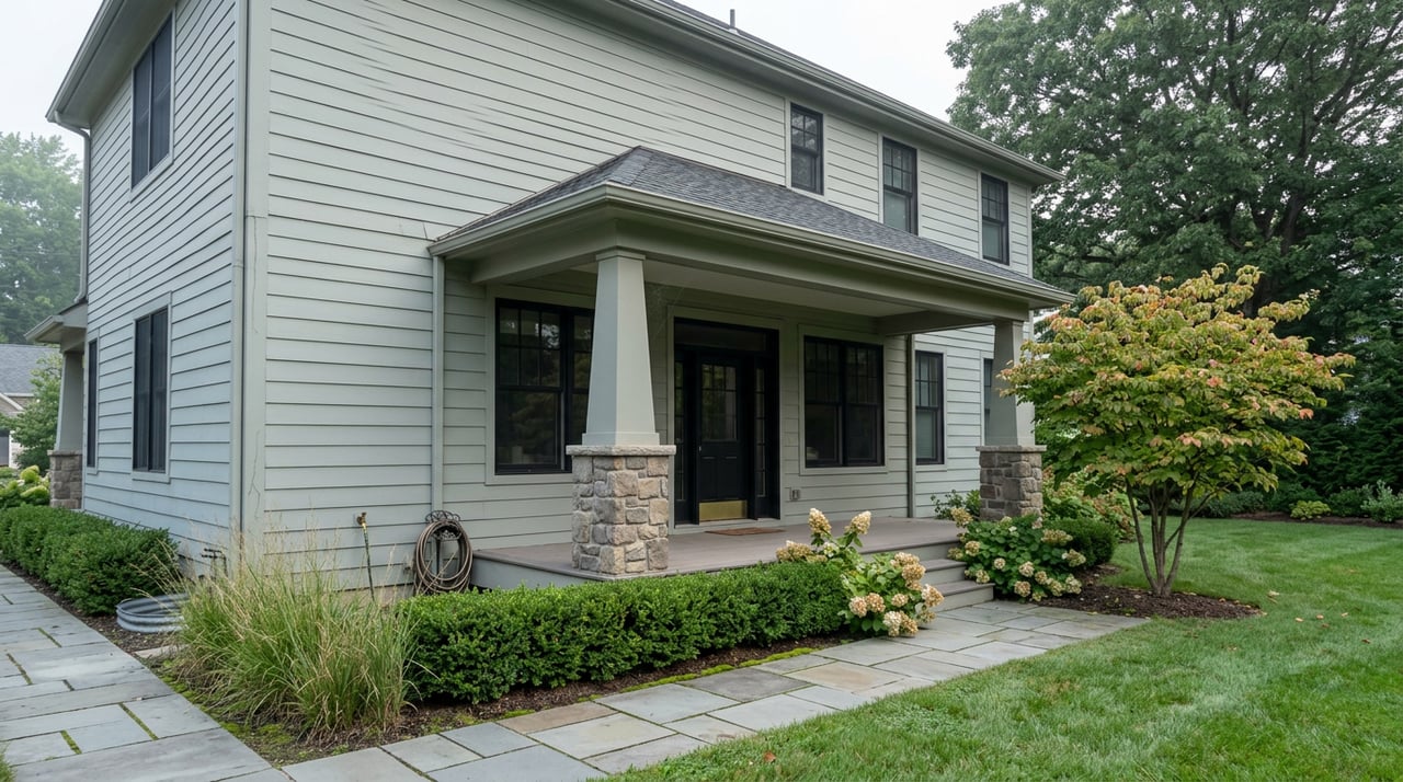 Sage-gray two-story home with stone porch piers, black-framed windows, and a dew-covered lawn.