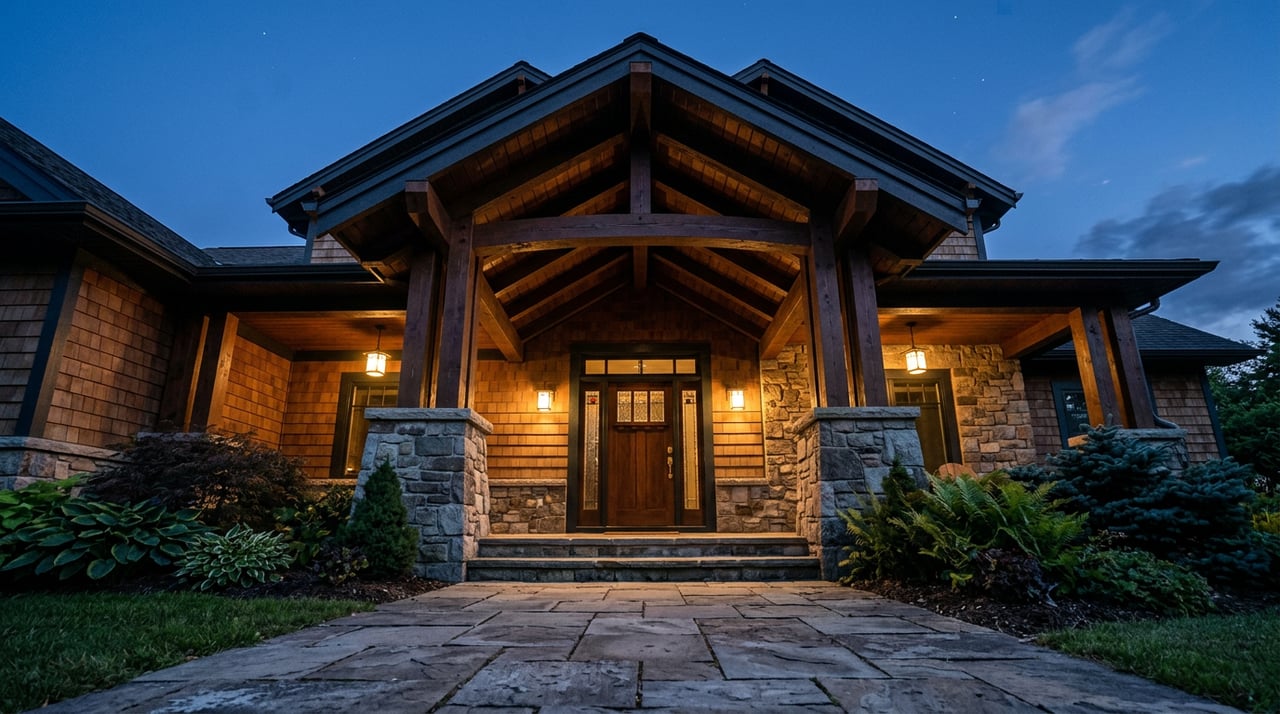 Craftsman entry with a wood door, stone veneer, cedar siding, black sconces, and maple leaves on the walkway.