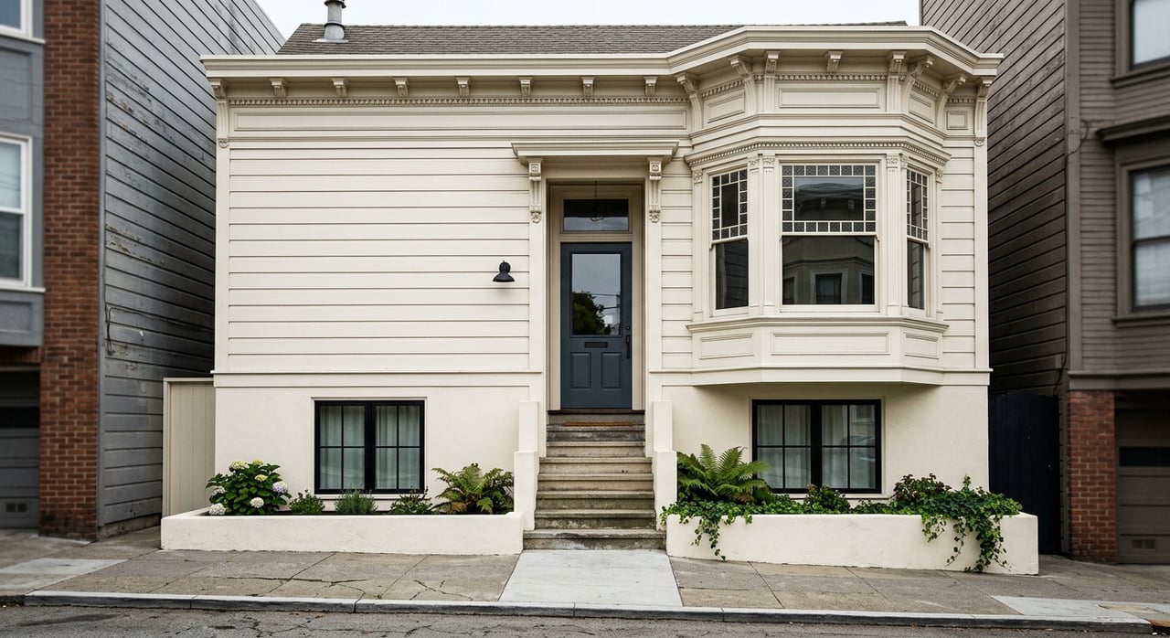 Front exterior of a classic Inner Richmond home in San Francisco with traditional architectural details