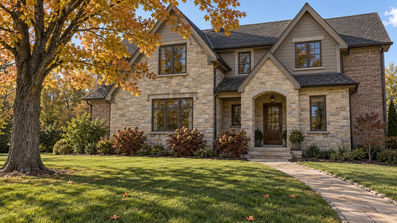 Stone-and-brick home with layered gables, a deep front lawn and a mature maple turning orange beside the entry walk.