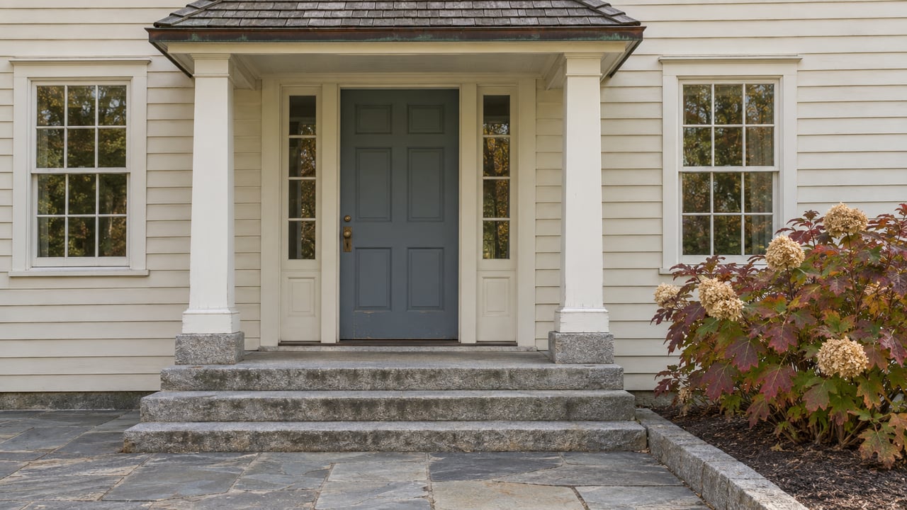Weathered ivory clapboard home with a blue-gray front door, paired sash windows, granite steps, and an oakleaf hydrangea beside the stone approach.