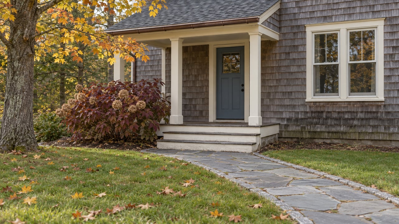 Weathered cedar-shingle cottage entry with cream porch posts, a blue door, bluestone path and autumn maple foliage.