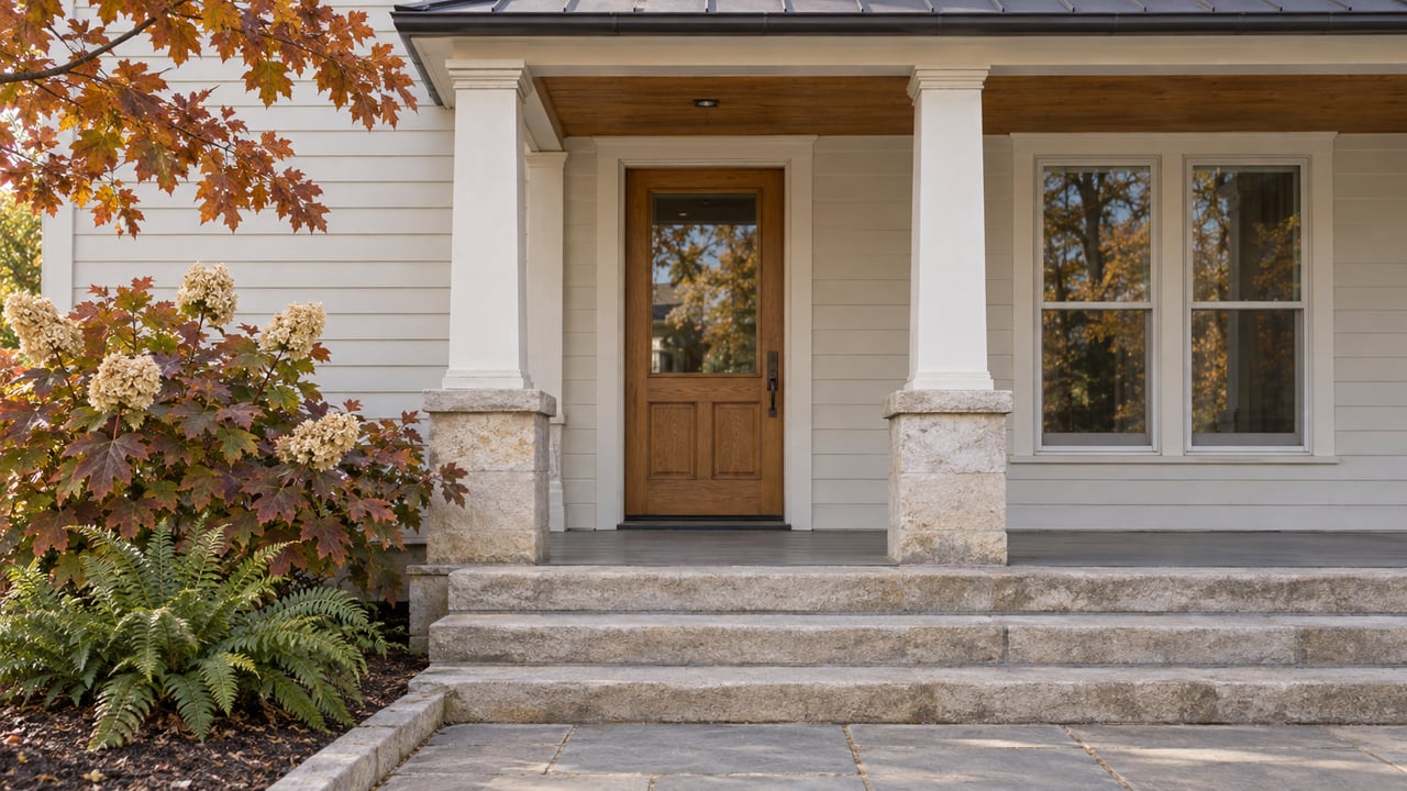 Ivory wood-sided heritage home with an oak glazed entry, pale limestone steps and bronze-red oakleaf hydrangea beside the porch.