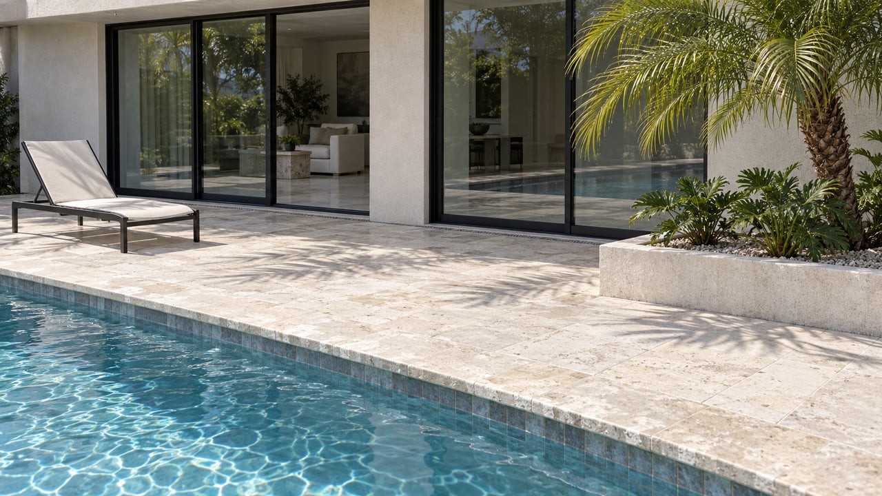 Pale stone pool terrace beside a light-stucco home, with black-framed glazing, an ivory chaise and a palm in a raised planting bed.
