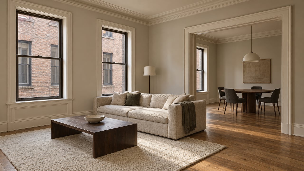 Tall windows light a spacious apartment living room with pale plaster, substantial moldings, oak floors and an adjoining dining room.