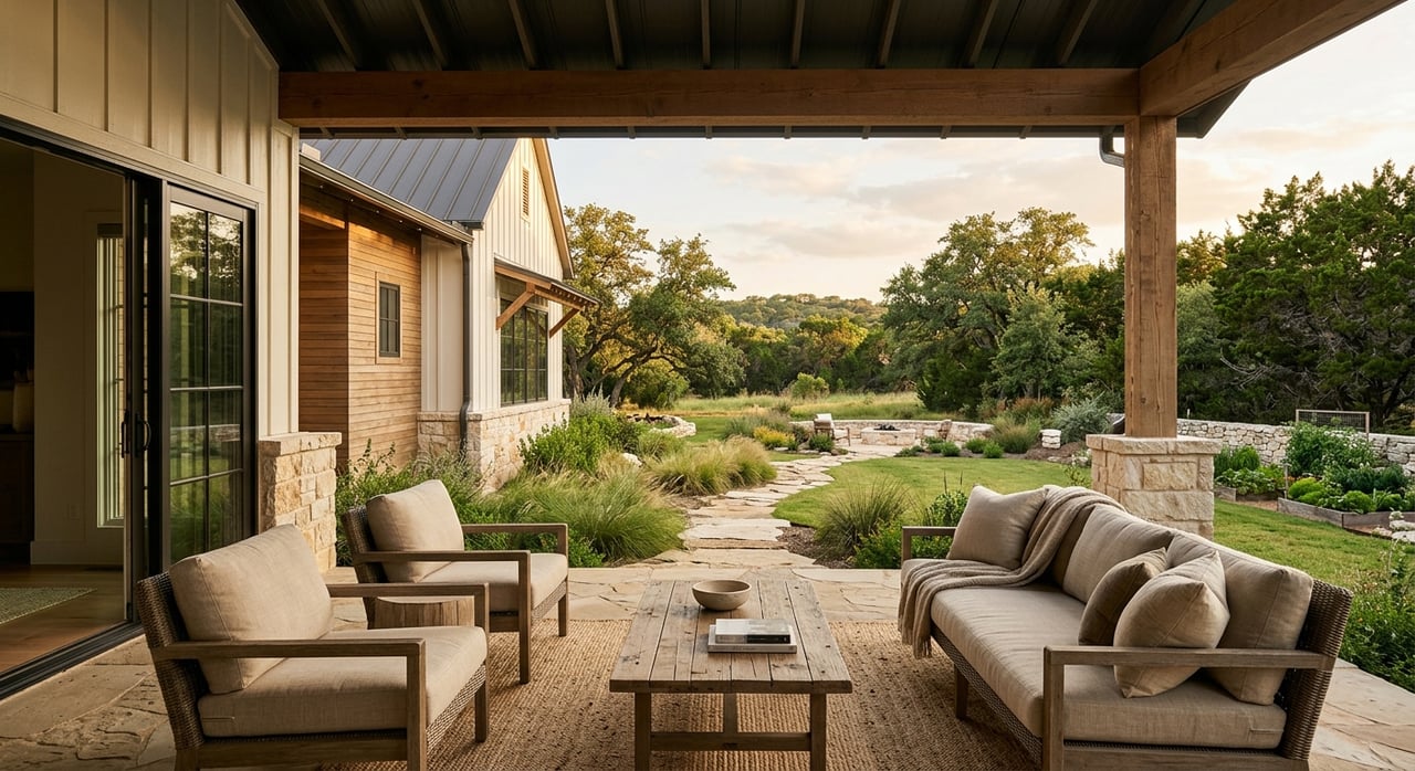 Covered patio with wood ceiling, oatmeal sofa, and broad lawn edged by planting beds.