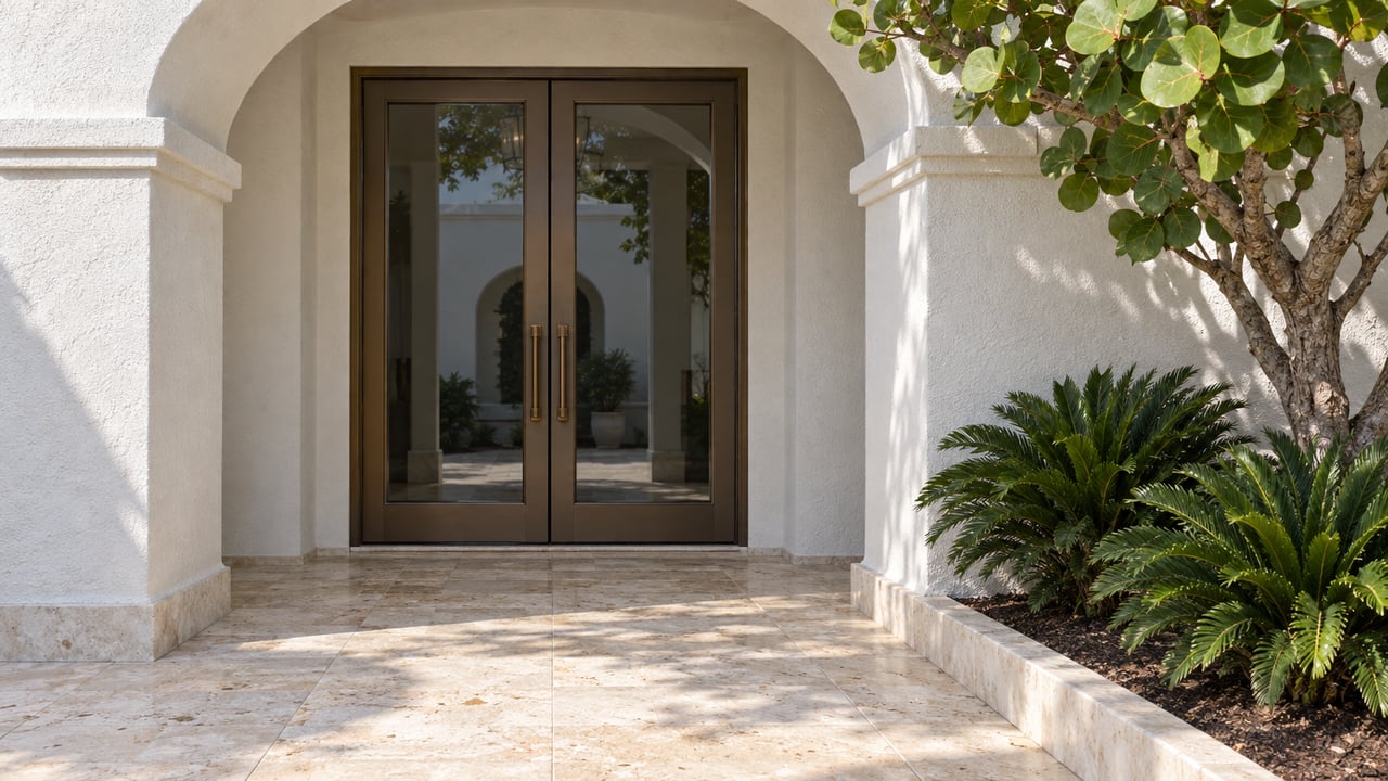 White stucco arched entrance with bronze-framed glass double doors, shell limestone paving and a sea grape planting bed.