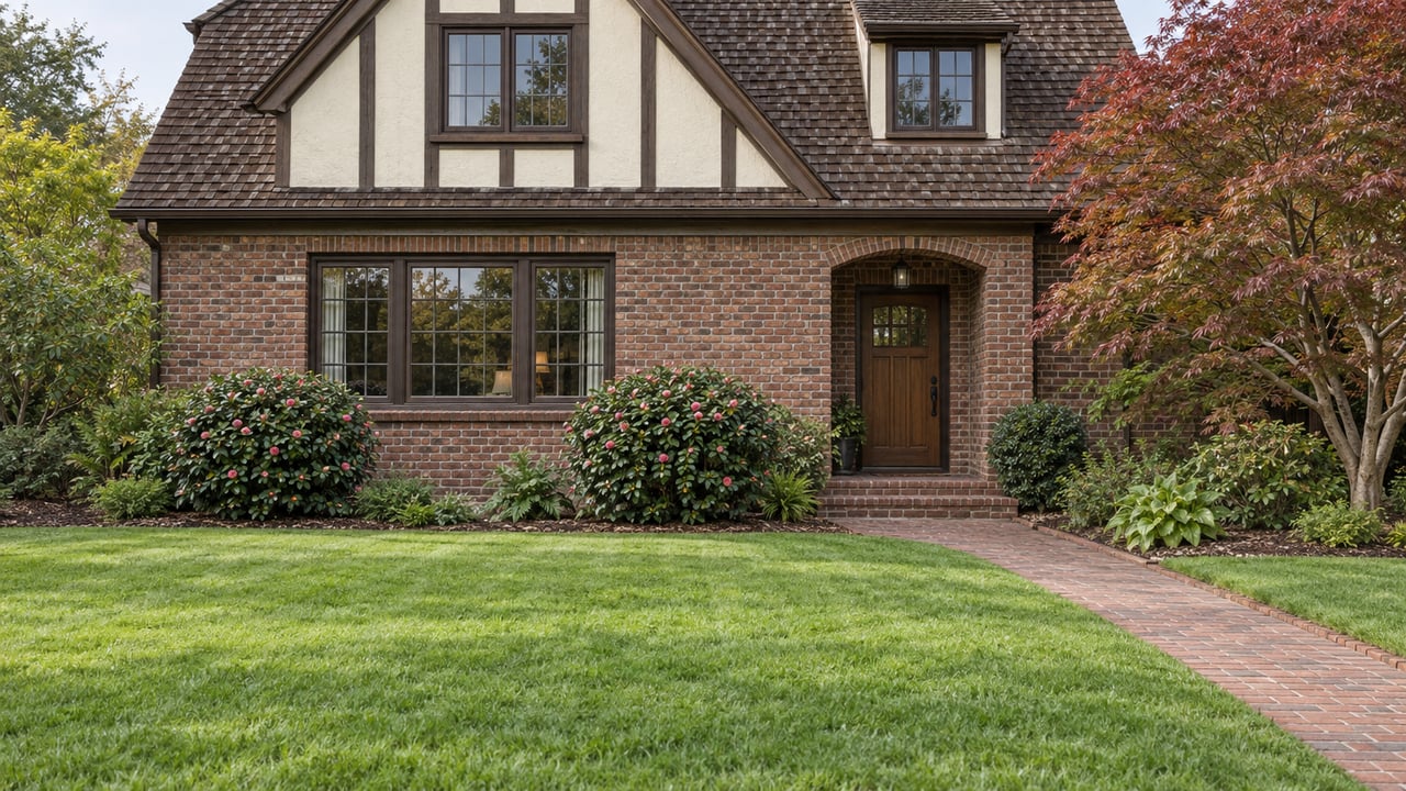 Historic brick and cream-rendered house with timber detailing, divided-light windows and a deep front lawn beside a brick approach.