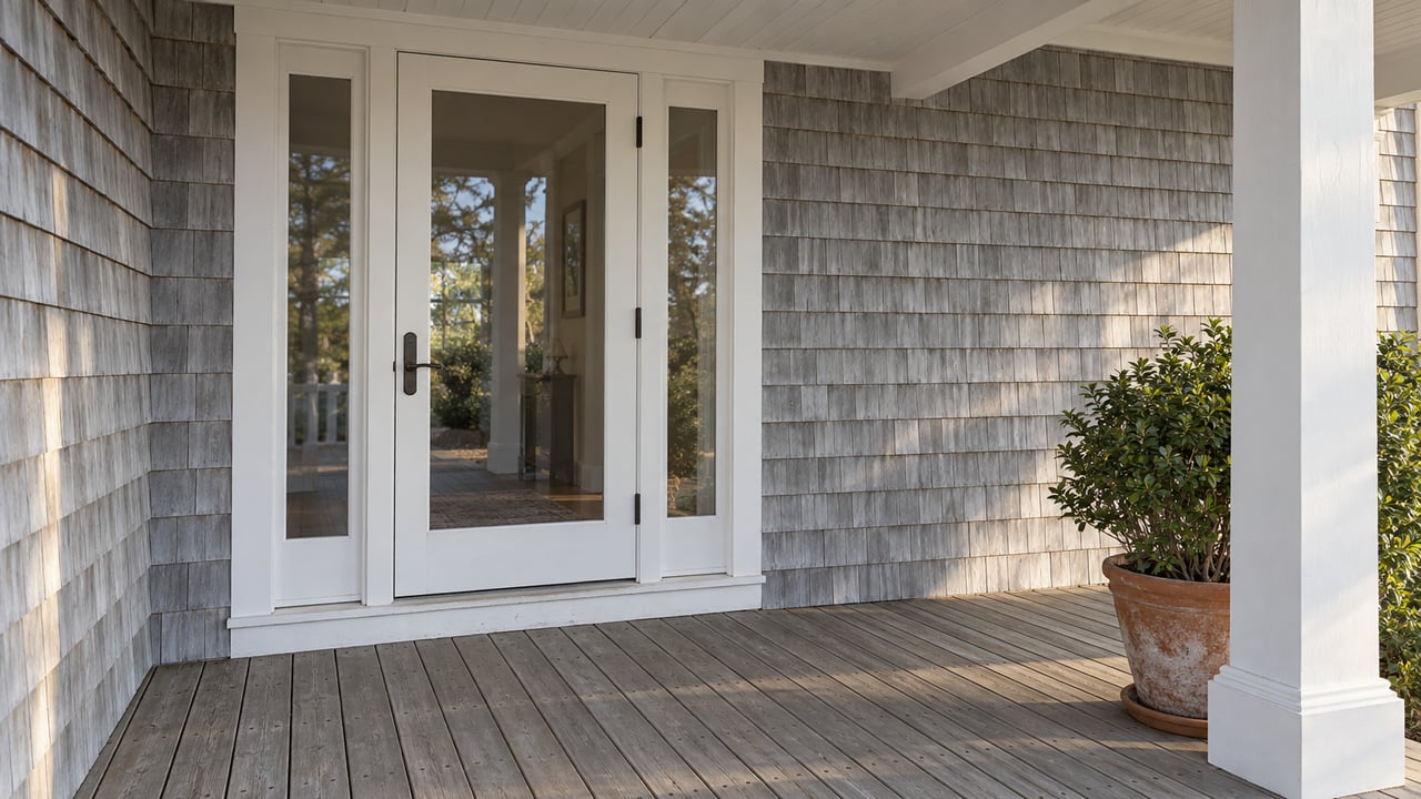 Weathered cedar-shingle entry beneath a white timber porch, with a glazed door, silvered decking and a single potted dwarf yaupon holly.
