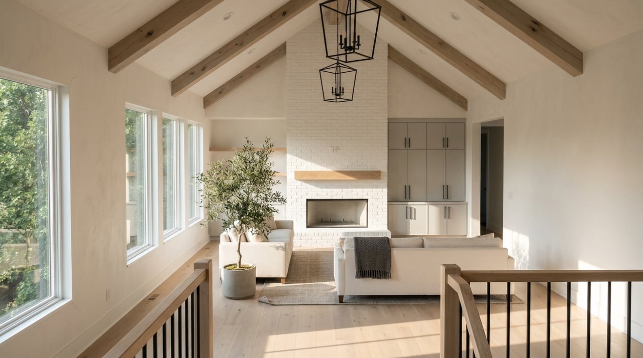 Vaulted great room with white brick fireplace, oak beams, gray built-ins, and a sunlit wood floor.