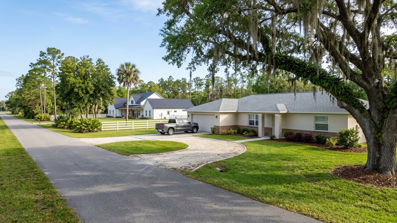 Detached homes with broad lawns and mature trees beside a quiet residential road.