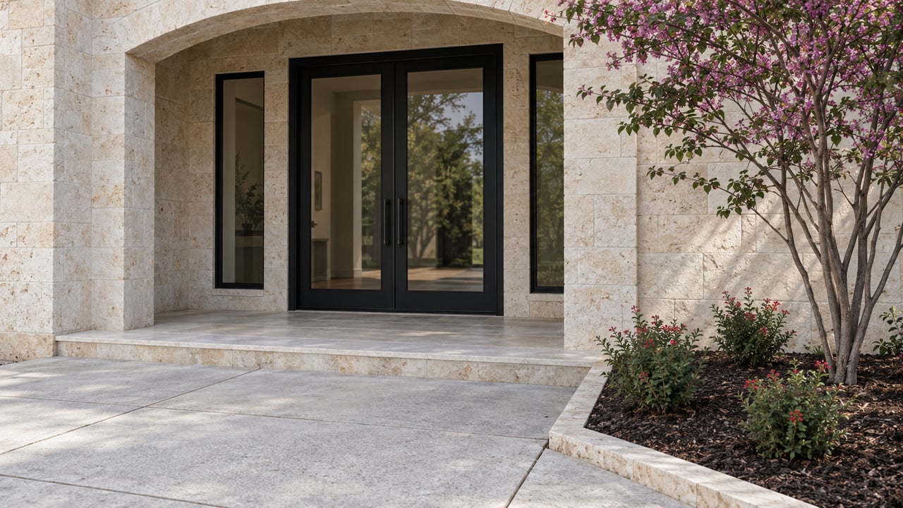 Cream limestone home entry with paired black steel glass doors, a shallow stone porch step, and a curated planting bed beside the concrete approach.