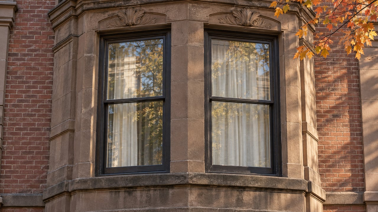 Morning light grazes a carved sandstone bay with two dark-framed windows and amber maple leaves.