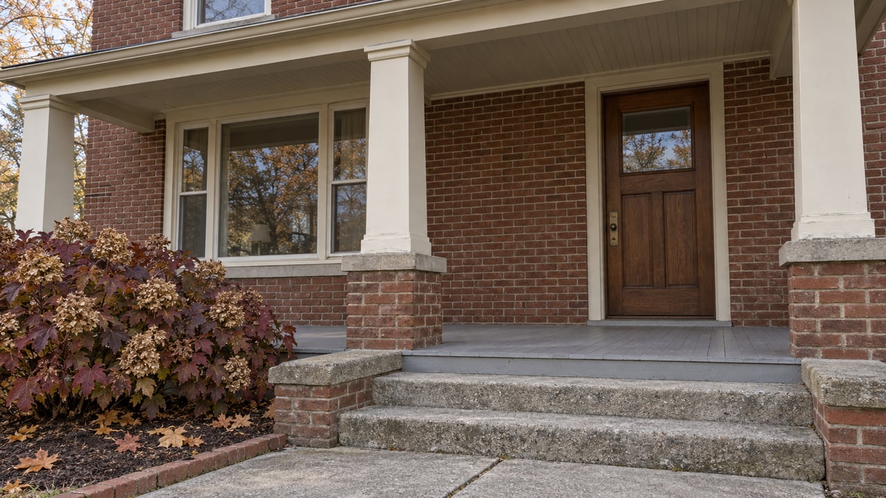 Covered porch with cream-painted columns, red-brown brick, an oak front door and autumn oakleaf hydrangea beside concrete steps.