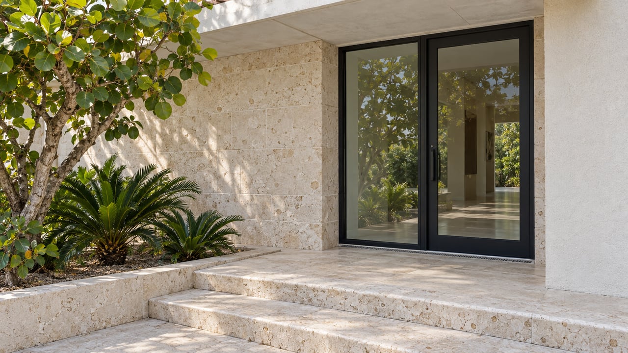 Modern stone home entrance with black-framed glass doors, broad steps, and tropical landscaping.