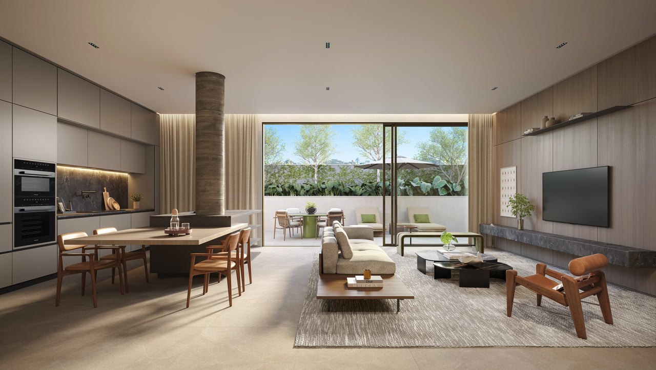 Rendering of the residence living and dining at Colette Residences in South Brickell, Miami.