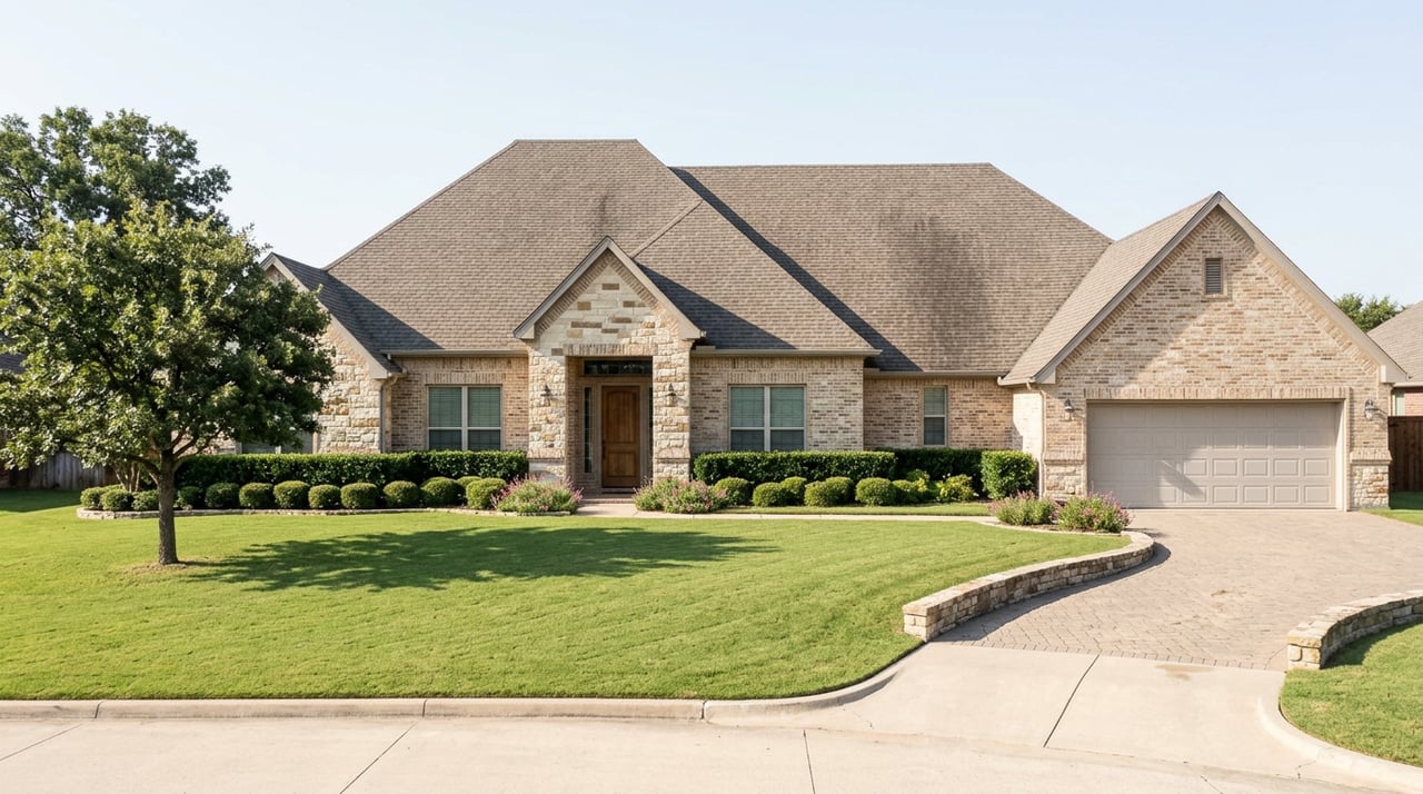 Custom brick-and-stone home beyond a broad lawn, with a curving paver drive and spreading oak at left.