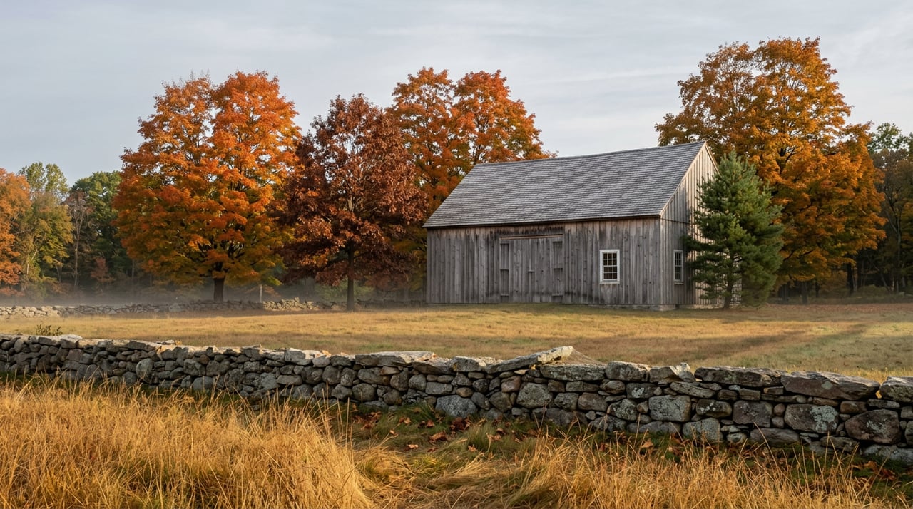 Weathered cedar barn rises beyond a fieldstone wall in a hayfield ringed by autumn maples.