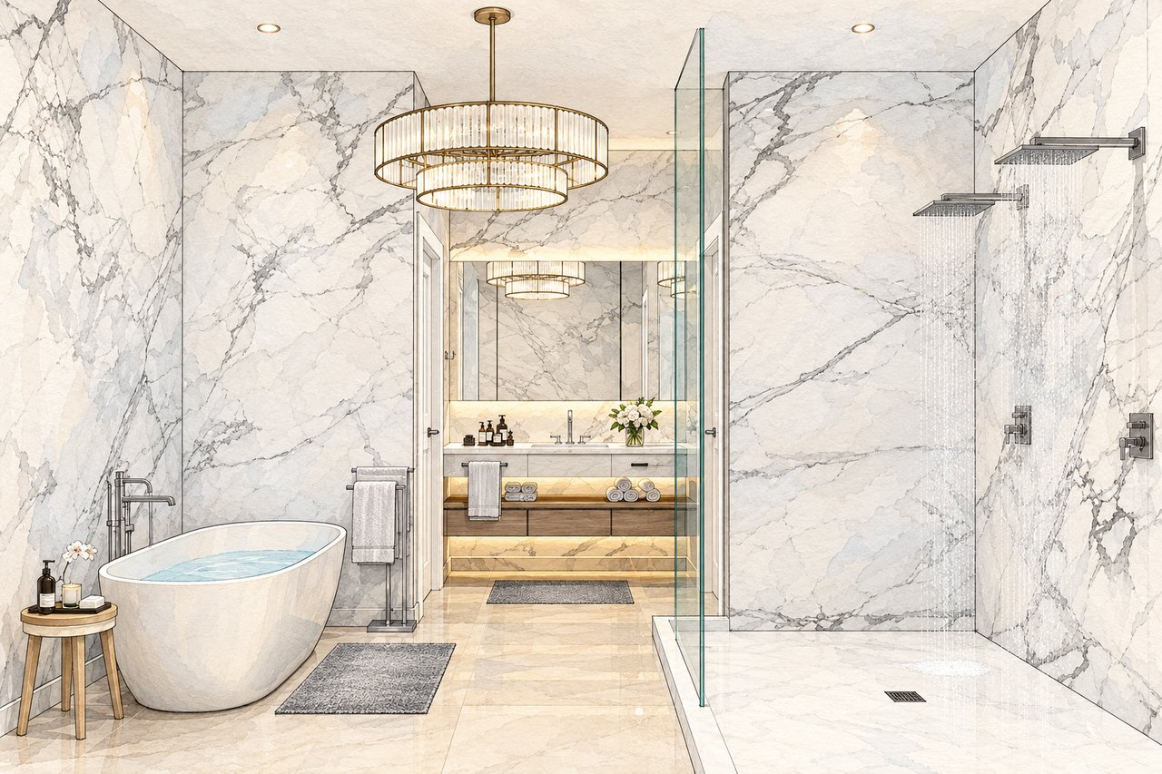 Luxury marble bathroom with a freestanding tub, double shower, and floating vanity.