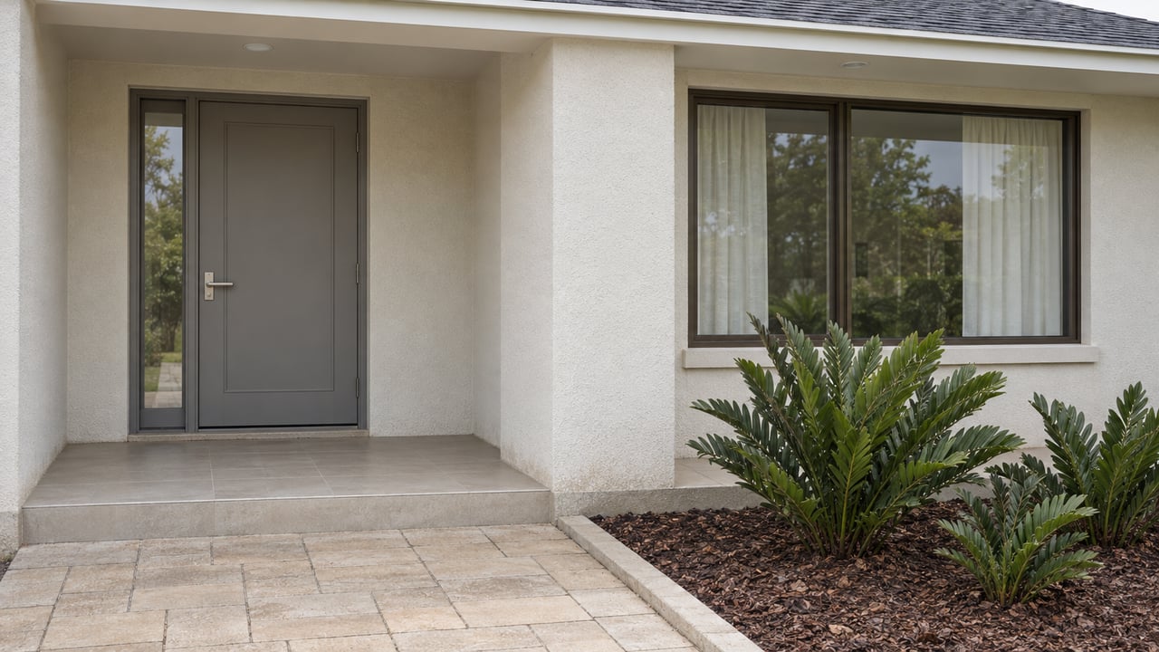 Covered entry of a contemporary stucco home with a gray door, bronze-framed window, pale pavers and coontie planting.