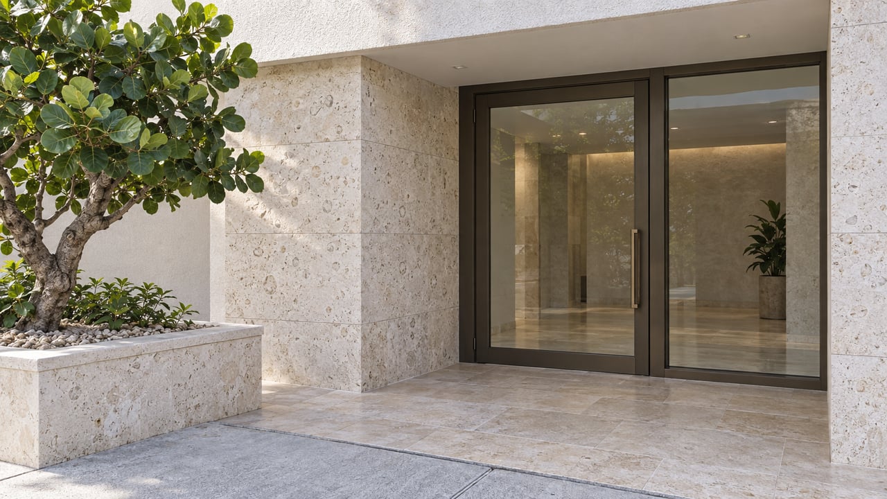 Contemporary condominium entrance with pale shell-limestone walls, bronze-framed glass, and a sculptural sea grape tree in a raised stone planter.