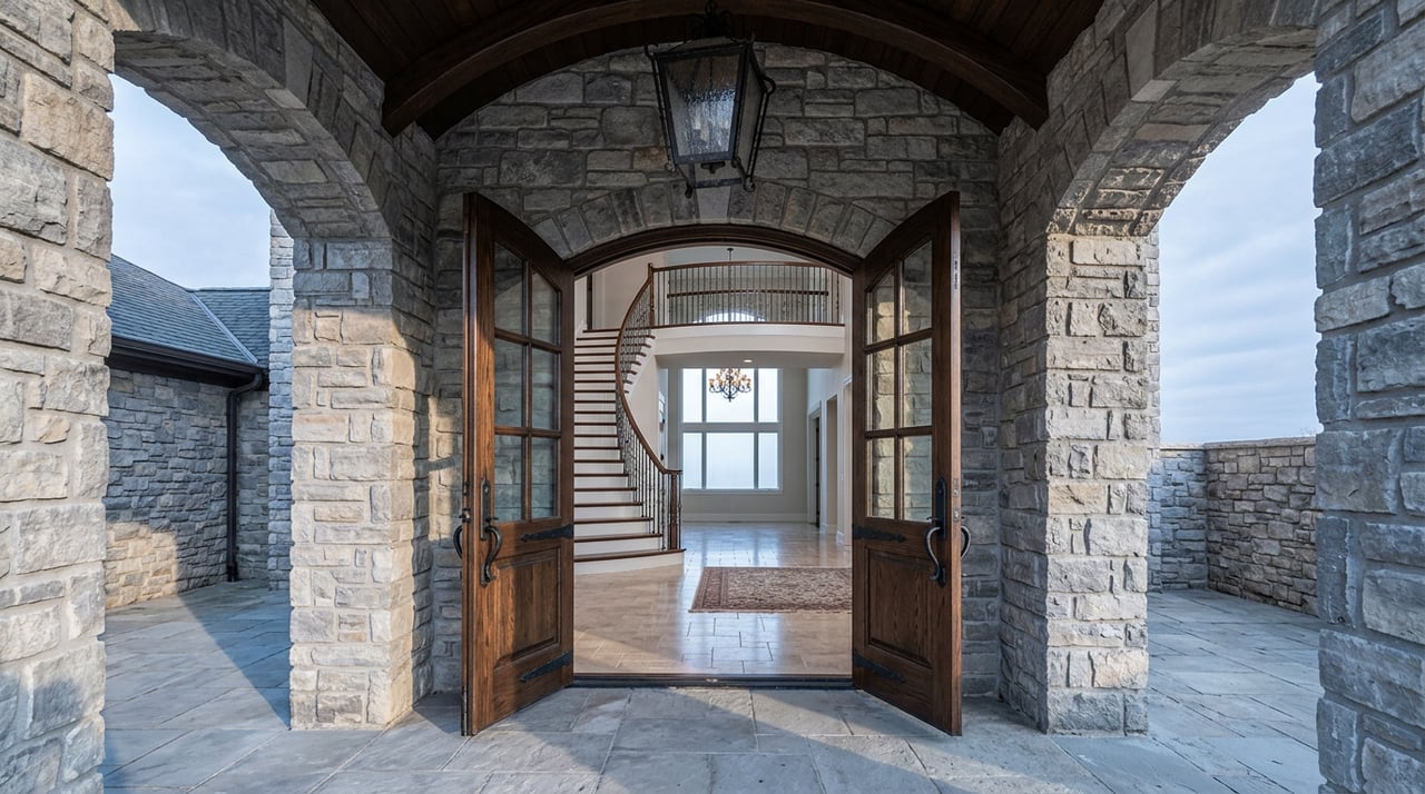Stone portico with open black steel doors revealing a two-story foyer and staircase.